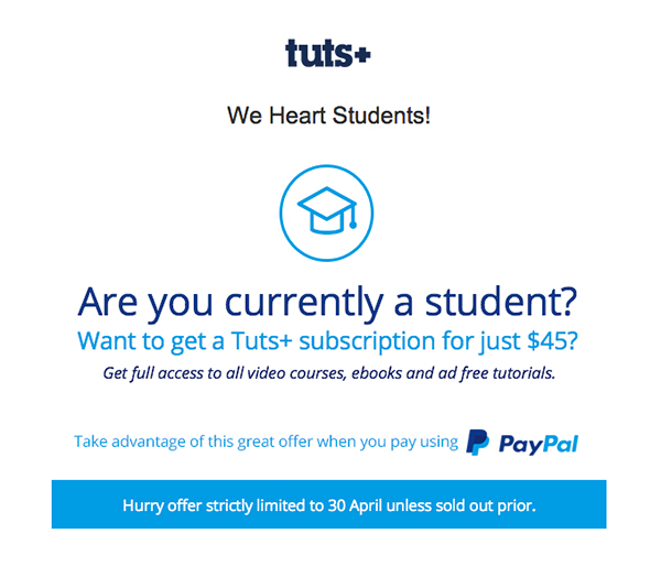 tuts+ students 50% special offer